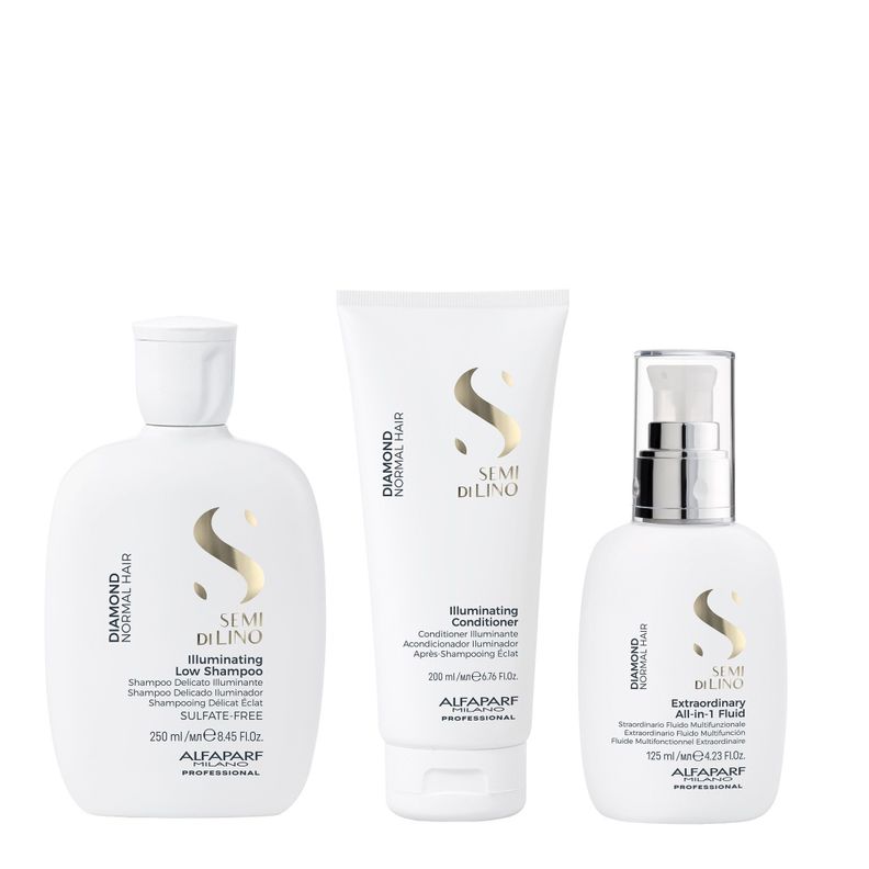 ALFAPARF Kit Shampoo, Acondicionador  y Fluido Diamond Iluminador Semi di lino
