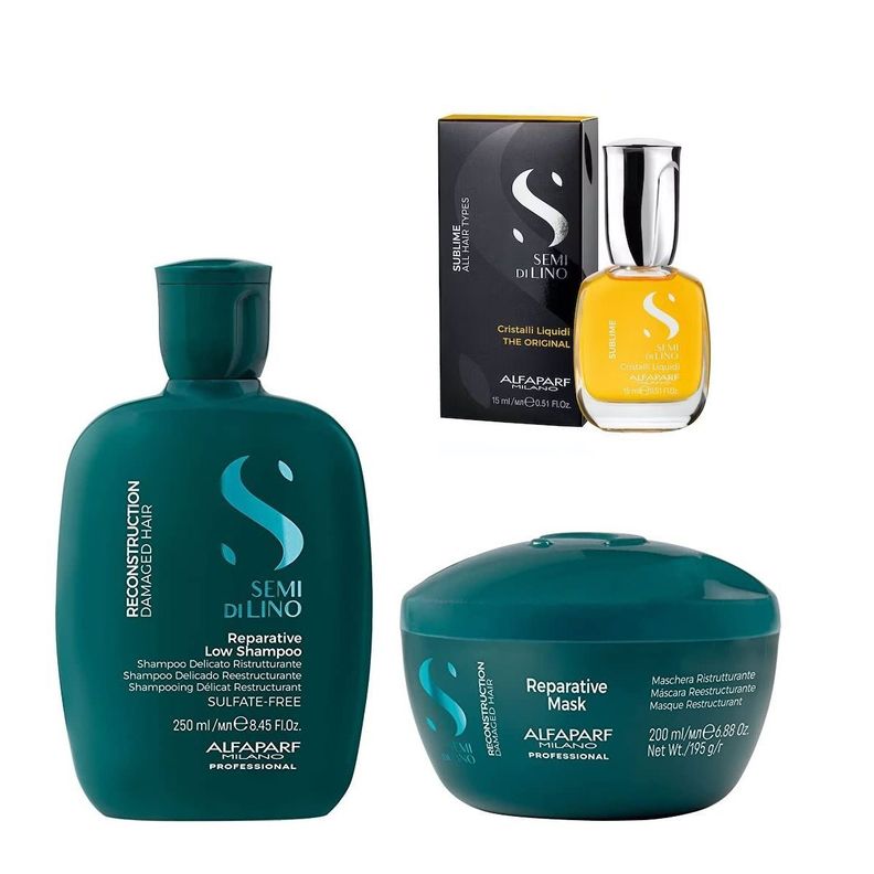 ALFAPARF Shampoo + Mascarilla Reconstrucción + Cristal líquido Semi di lino-0