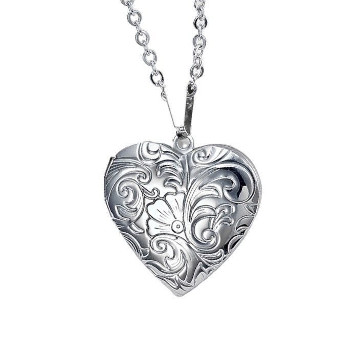 Collar Relicario Corazon Vintage Acero Plateado