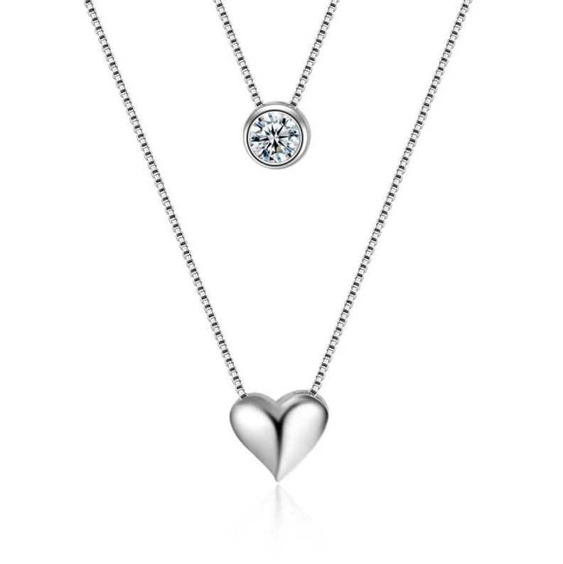 Collar Doble Plateado Corazon y Circon