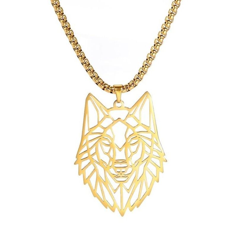 Collar Cabeza Lobo Wolf Acero Geometrico Dorado