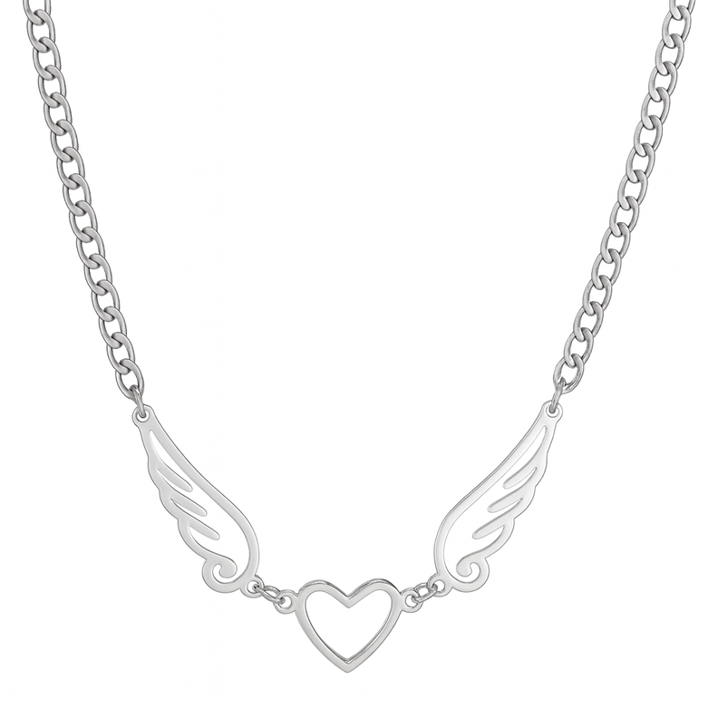 Collar Alas de Angel corazon Acero Plateado