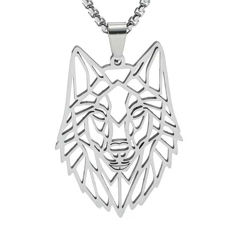 Collar Cabeza Lobo Wolf Acero Geometrico Plateado