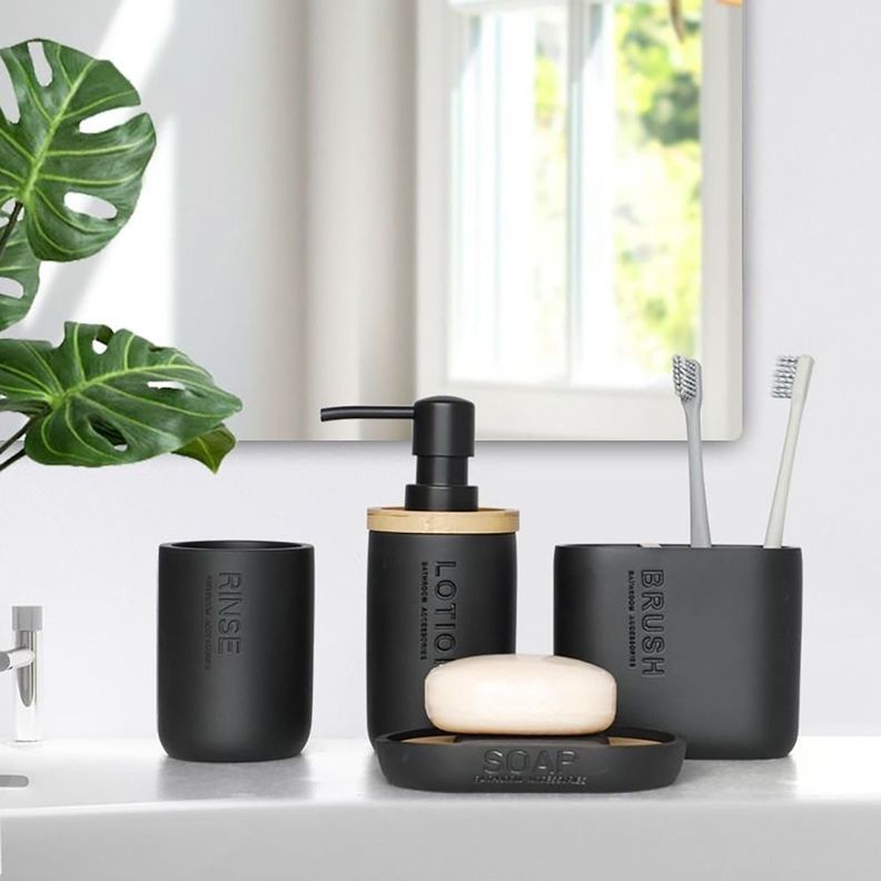 Kit Accesorios Baño Resina 4 piezas Negro/Bamboo-1