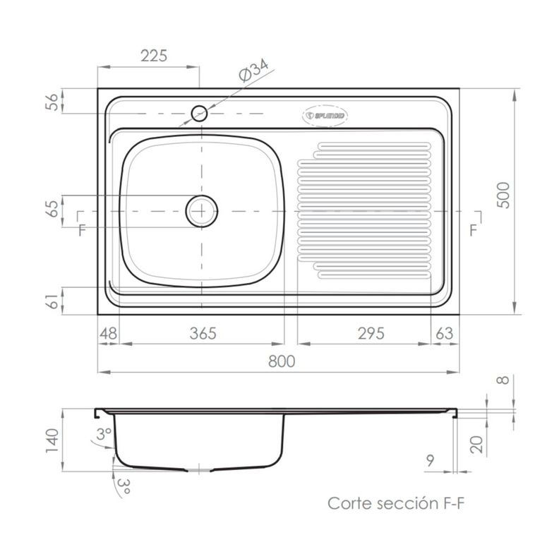 Lavaplatos Sobreponer Inox una Cubeta 80x50 Derecho con Desague-3