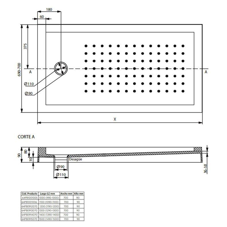 Receptáculo de Ducha con Desague 120x70x14 cm-5