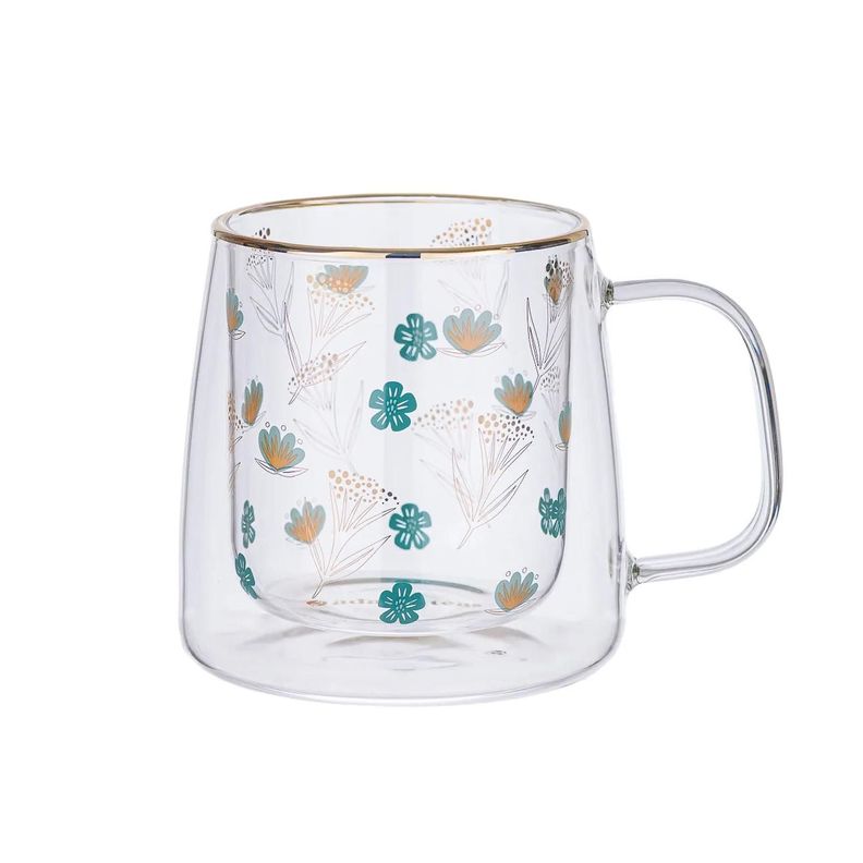 Taza Doble Vidrio Gold and Turquoise Flowers 400 ml Blanco