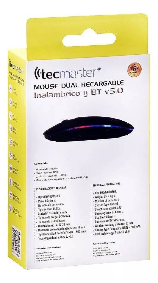 Tecmaster Mouse Recargable Plano Rgb Inalambrico Dual-7