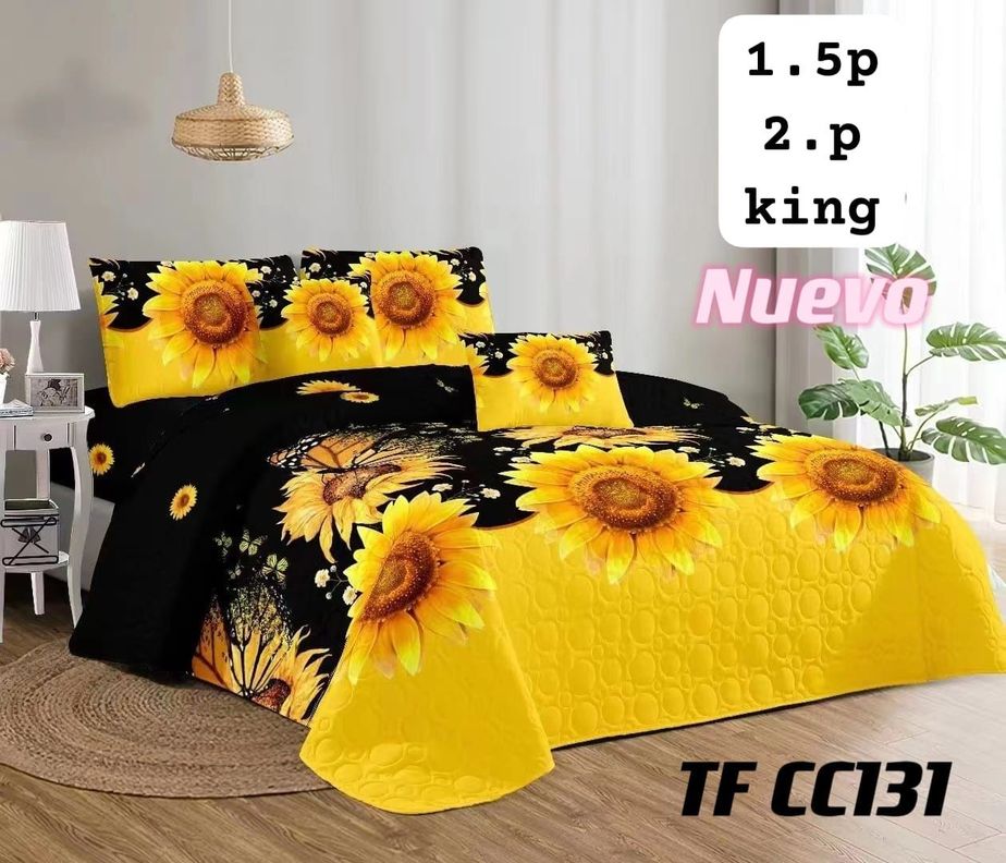 Cobertor de verano tipo quilt tamaño 2 Plazas Diseño Amarillo y Negro Girasoles-0