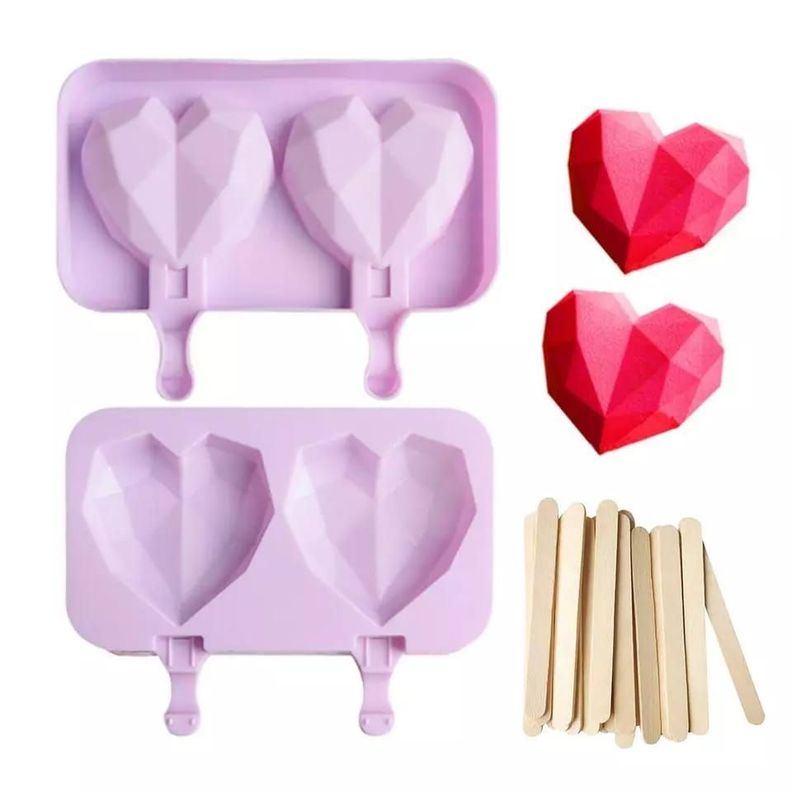 Pack x2 Molde Silicona 2 Helados Diseño Corazon + Paletas-4