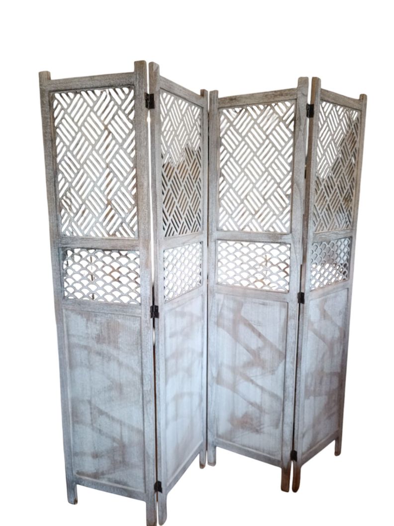BIOMBO SEPARADOR DE AMBIENTE MADERA 4 CUERPOS DECAPADO GRIS-0
