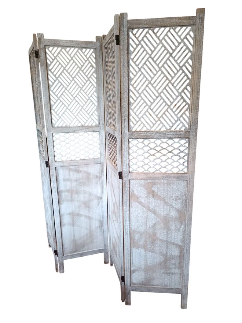 BIOMBO SEPARADOR DE AMBIENTE MADERA 4 CUERPOS DECAPADO GRIS-1