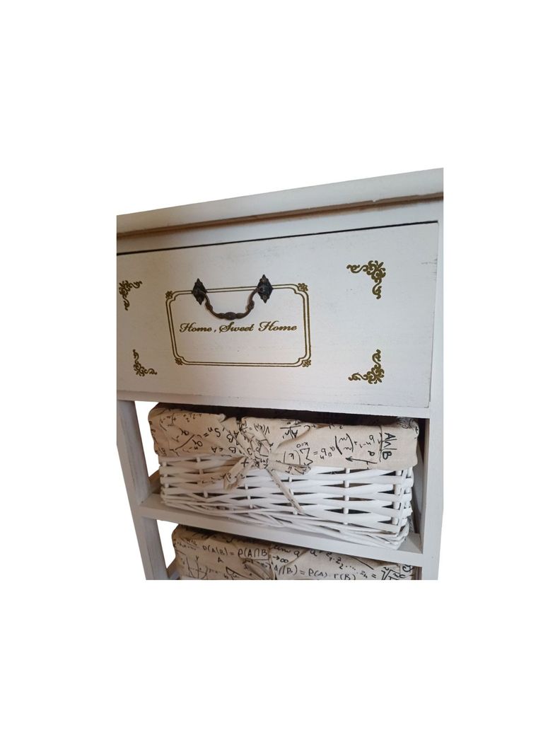 MESA DE NOCHE MADERA BLANCO CON CAJON Y DOS CANASTOS FORRADOS TELA-2