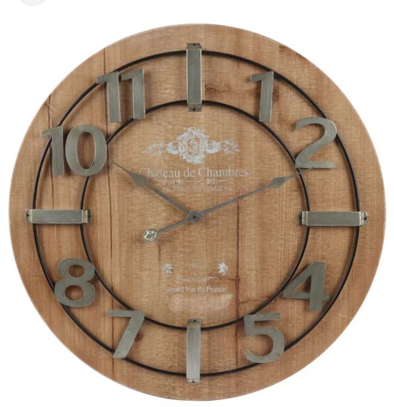 RELOJ DE PARED MADERA CON NUMEROS EN HIERRO SOLIDO  68CM-0