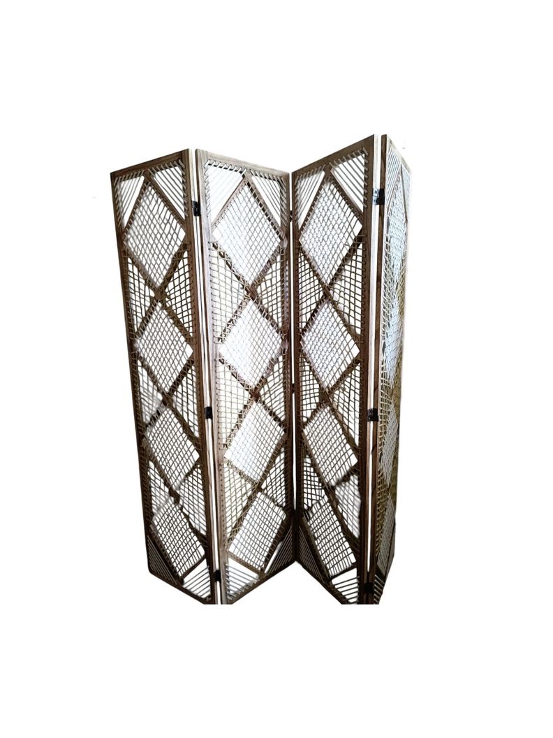 BIOMBO SEPARADOR DE AMBIENTE MADERA 4 CUERPOS TEJIDO MACRAME -0