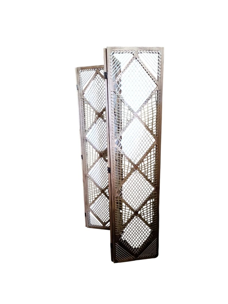 BIOMBO SEPARADOR DE AMBIENTE MADERA 4 CUERPOS TEJIDO MACRAME -1