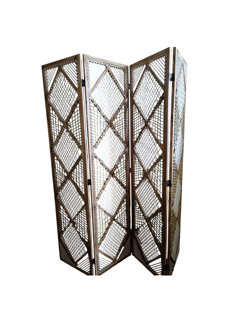 BIOMBO SEPARADOR DE AMBIENTE MADERA 4 CUERPOS TEJIDO MACRAME -3