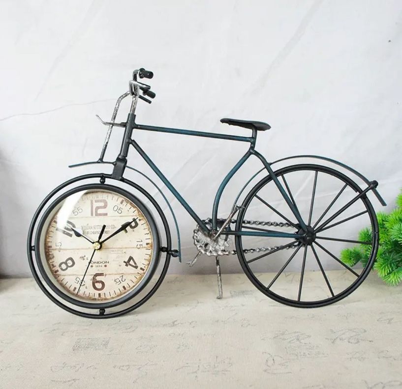 RELOJ VINTAGE SOBRE MESA  BICICLETA RETRO COLOR PETROLEO METAL-0