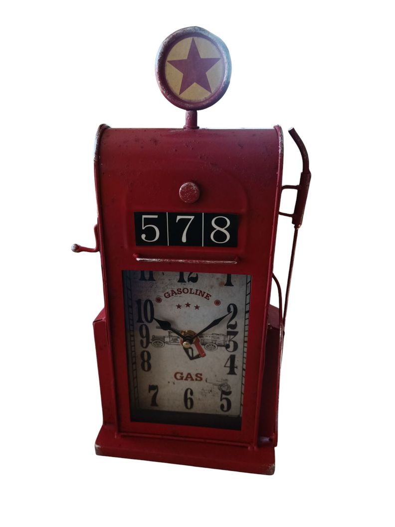 RELOJ VINTAGE SOBRE MESA GASOLINERA RETRO ROJA-0