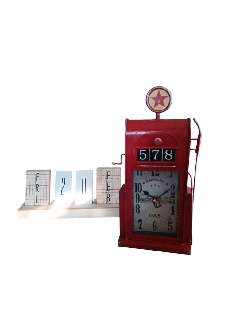 RELOJ VINTAGE SOBRE MESA GASOLINERA RETRO ROJA-1