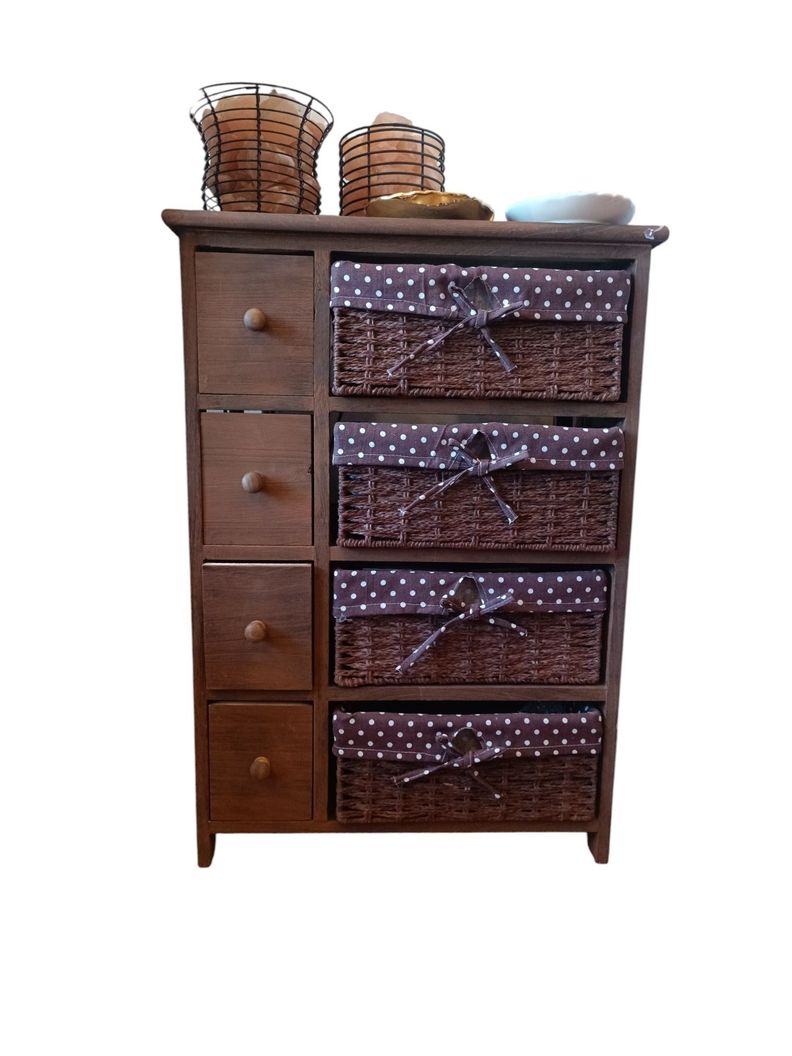 MUEBLE ORGANIZADOR CAFE EN MADERA CON CANASTOS LUNARES-0