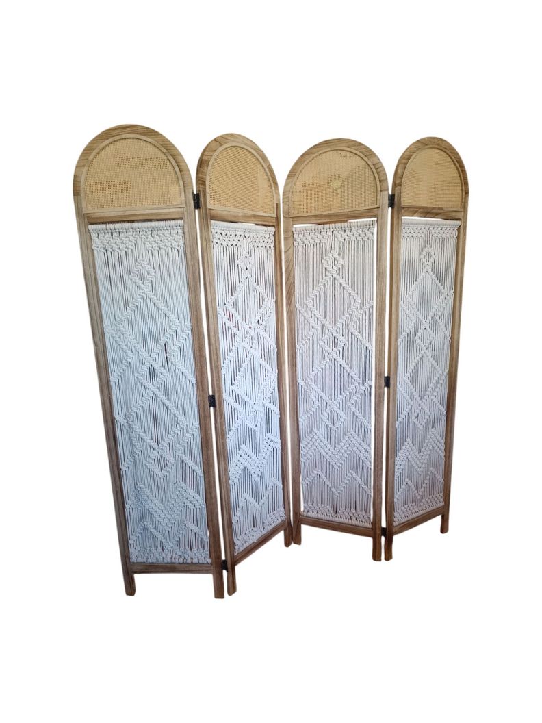 BIOMBO SEPARADOR DE AMBIENTE MADERA 4 CUERPOS CON TEJIDO MACRAME-1