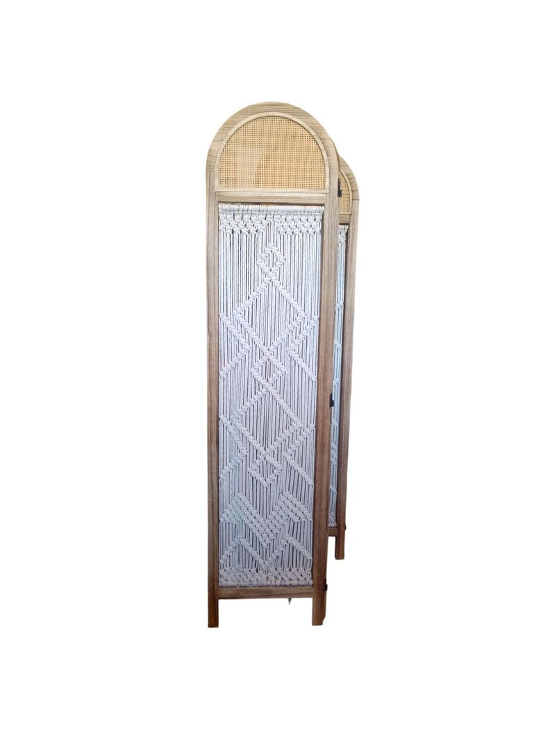 BIOMBO SEPARADOR DE AMBIENTE MADERA 4 CUERPOS CON TEJIDO MACRAME-2