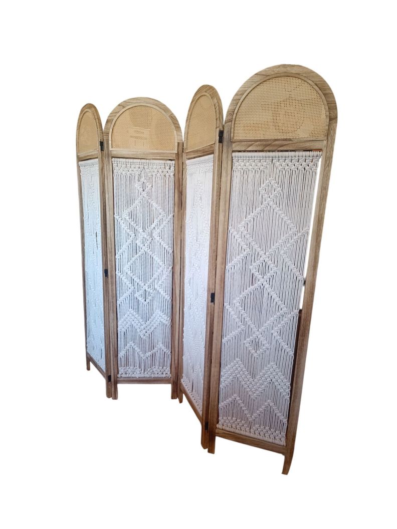 BIOMBO SEPARADOR DE AMBIENTE MADERA 4 CUERPOS CON TEJIDO MACRAME-3