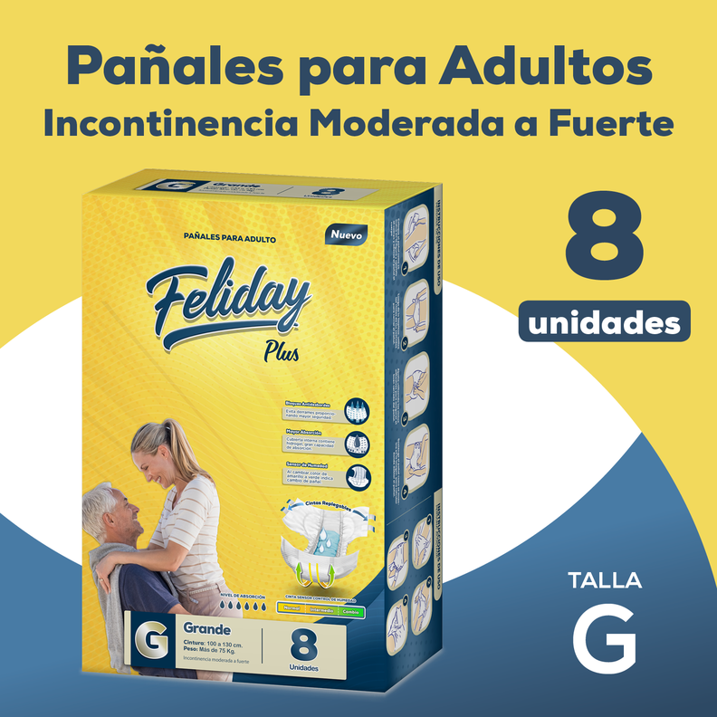 Pañales Adulto Feliday Plus Incontinencia Moderada a Fuerte 8 Unidades Talla G-1