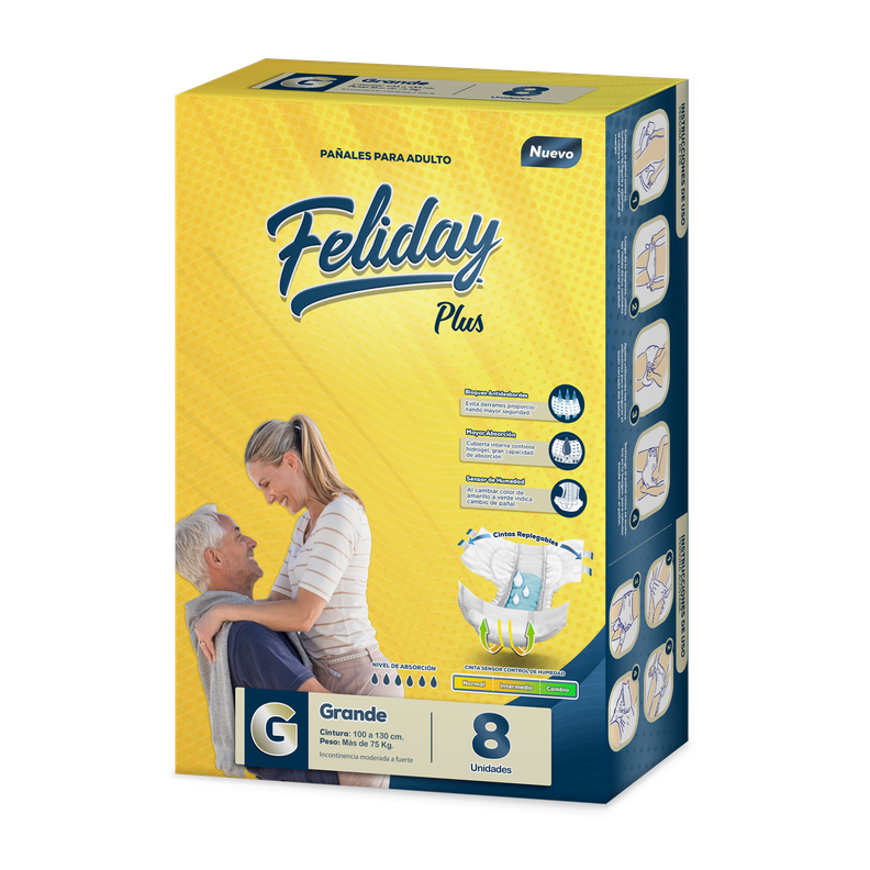 Pañales Adulto Feliday Plus Incontinencia Moderada a Fuerte 8 Unidades Talla G-0