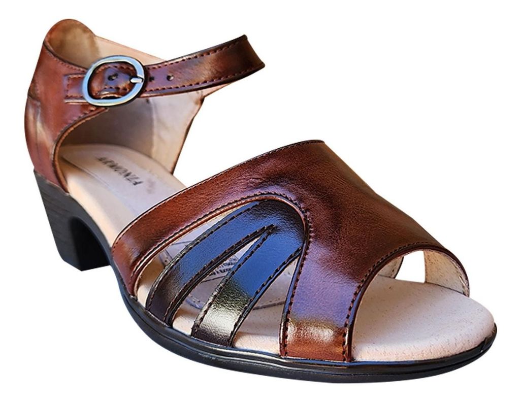 Sandalia Mujer Con Talon Y Hebilla Taco Cuadrado Marron 7471-1