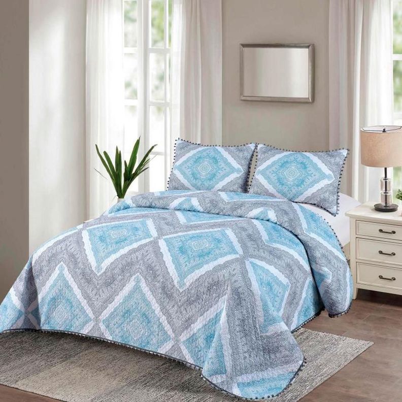 Cubrecama Quilt 2 Plazas Diseño Rombo Elegante Con Pompones