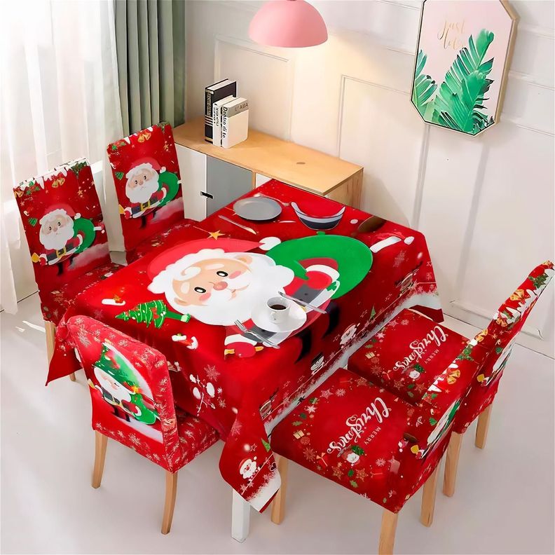 Mantel navideño Pascuero anime + 6 Fundas para sillas elasticadas