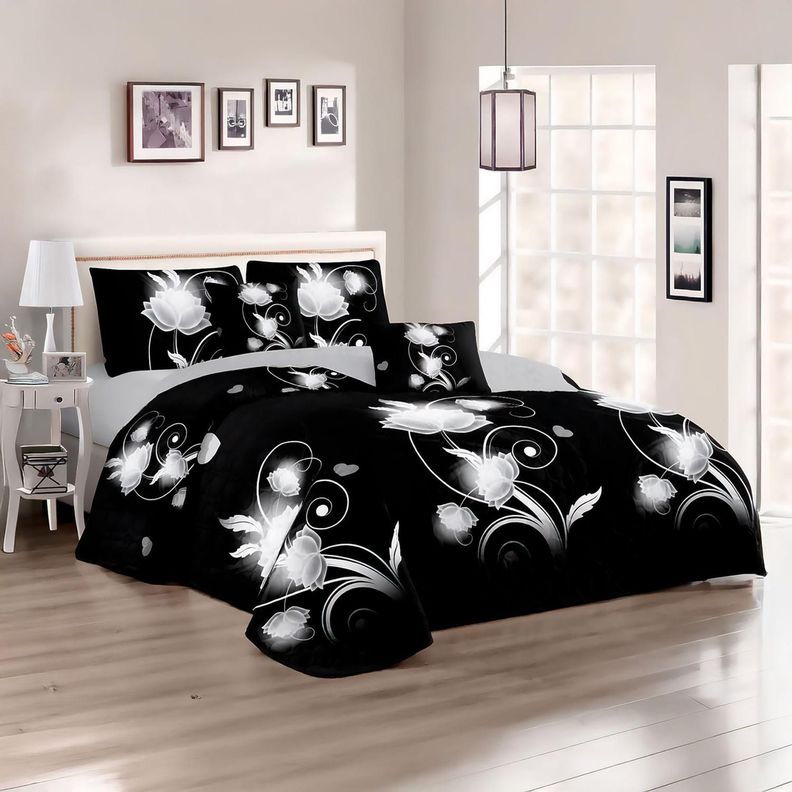 Cubre Cama King Quilt 2.5 Plazas Estampado Flores Negras 663-1
