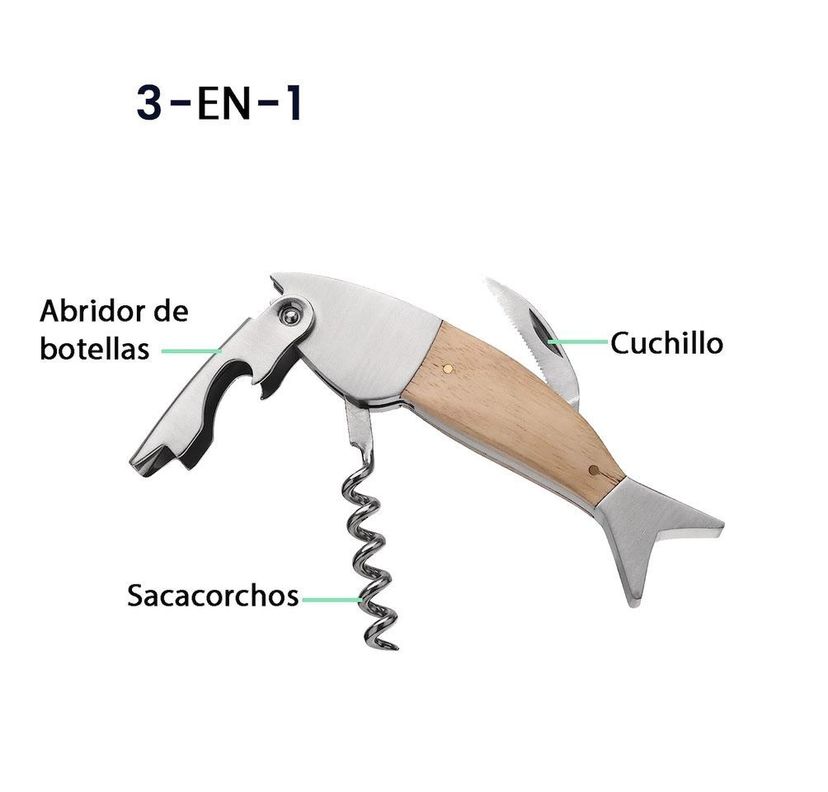 Sacacorchos, Destapador Pez, Acero-madera, Náutico Montreal-1