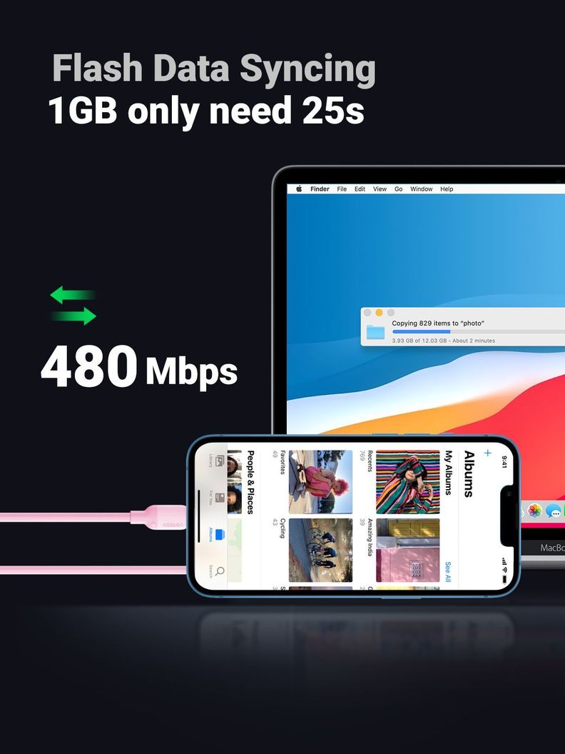 Cable USB-C iPhone 1mt Certificado Rosado Ugreen-5