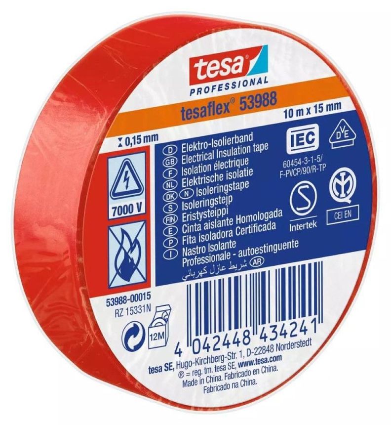 Tesaflex Cinta Aisladora Eléctrica Prof Roja 10m X 15mm-0
