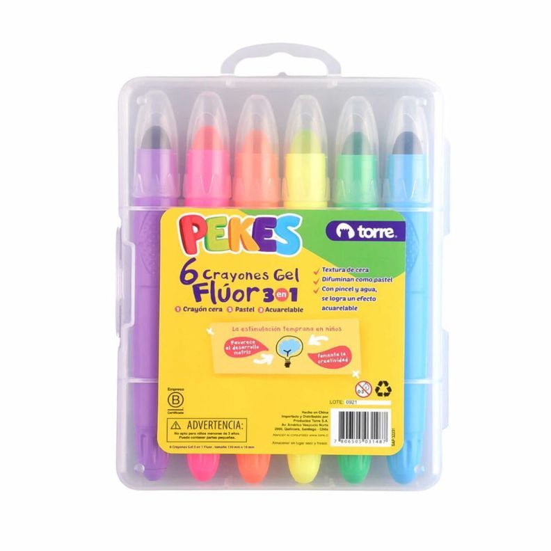 Crayones gel flúor Pekes 3 en 1 6 colores Torre-1