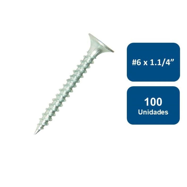 Tornillo Yeso Cartón Zincado Hilo Grueso #6 X 1.1/4  100un-0