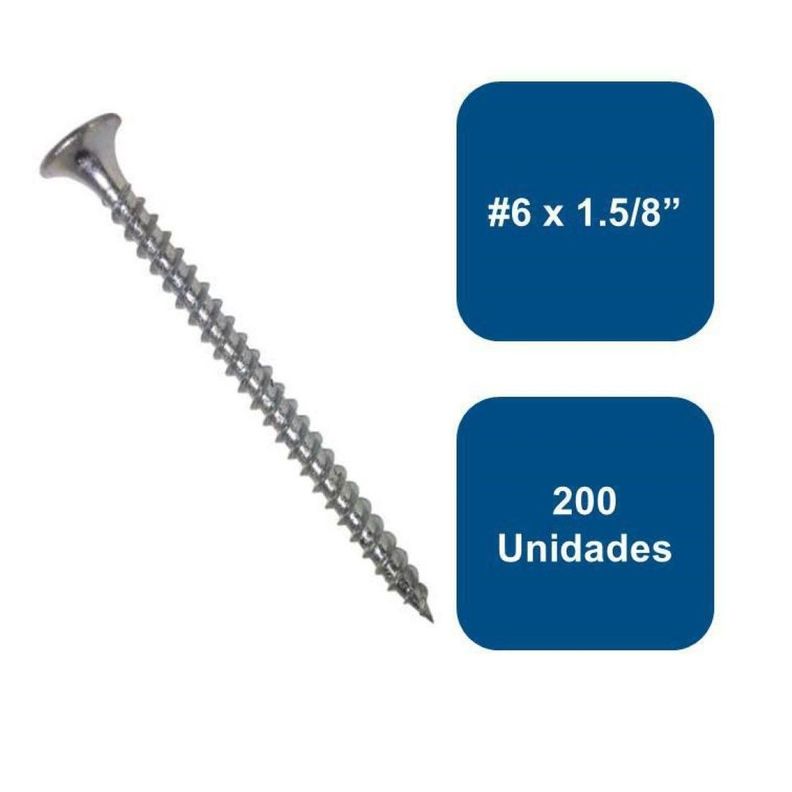 Tornillo Yeso Cartón Zincado Hilo Fino #6 X 1.5/8  200un-0