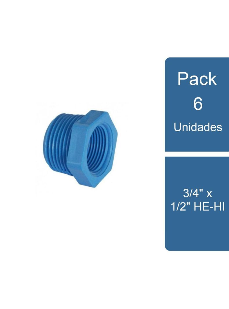 Pack 6 Bushing Reducción PVC Hidráulico 3/4" x1/2" HE-HI PVC-0