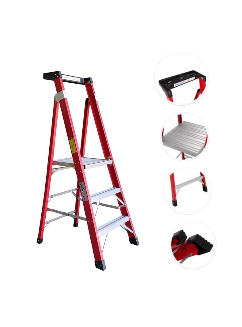 Escalera Tipo Tijera de Fibra / Aluminio con plataforma Certificada 3 peldaños - Toolmax-1