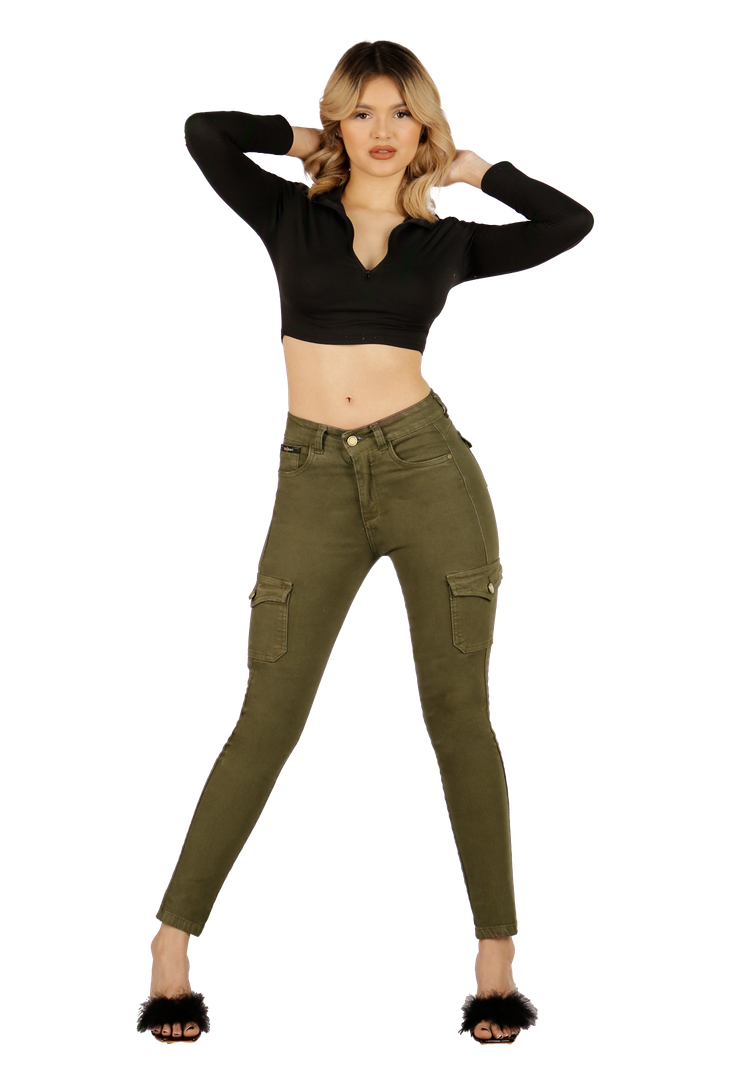 Jeans Cargo Pitillo Verde Mujer-0
