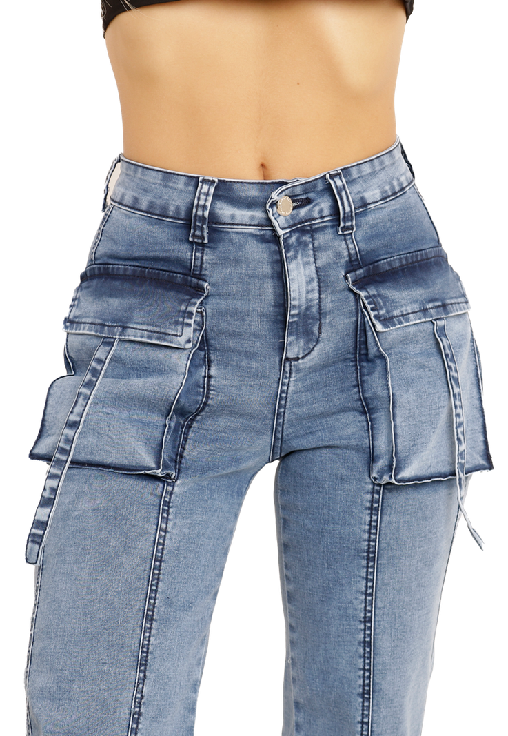 Jeans Cargo Elasticado Celeste Mujer-2