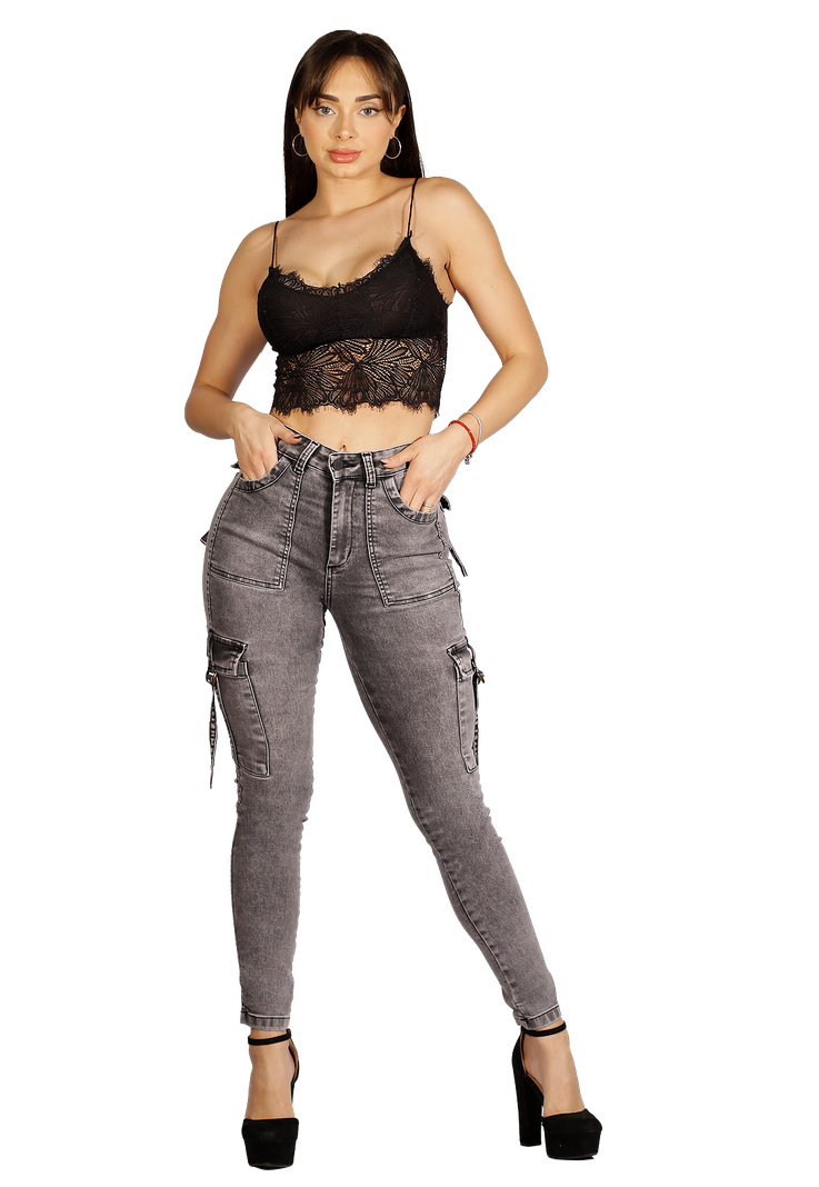 Jeans Pitillo Cargo Gris Mujer -0
