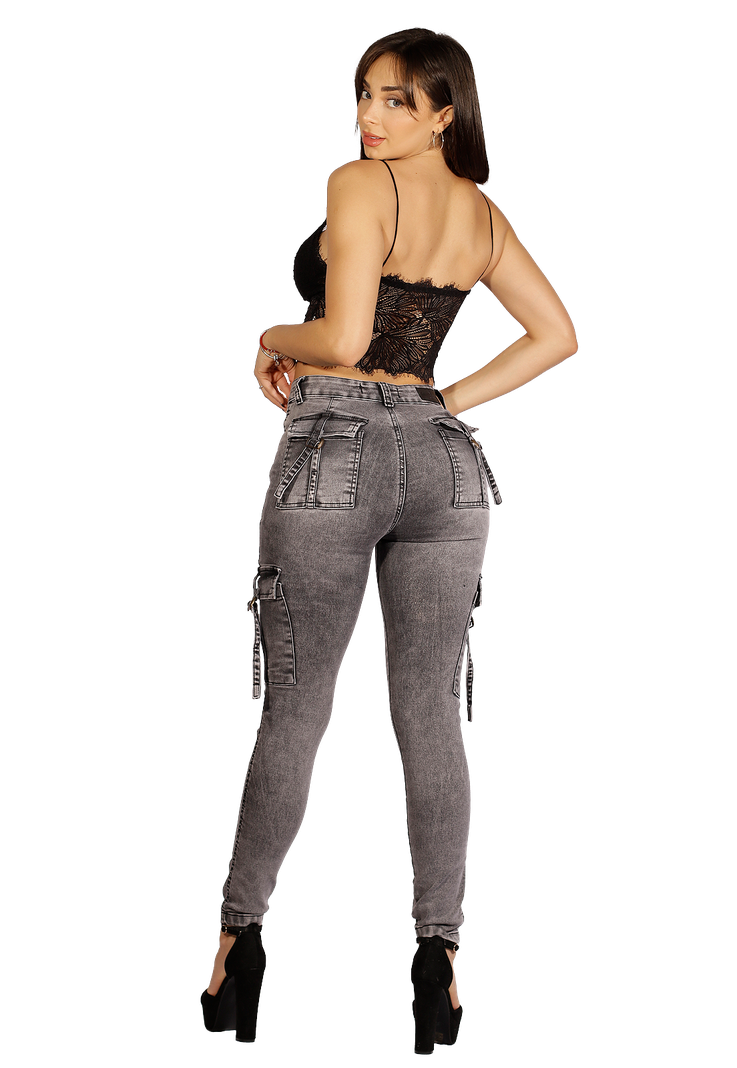 Jeans Pitillo Cargo Gris Mujer -1