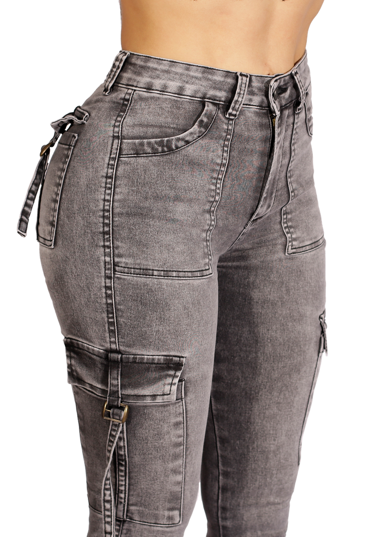 Jeans Pitillo Cargo Gris Mujer -2