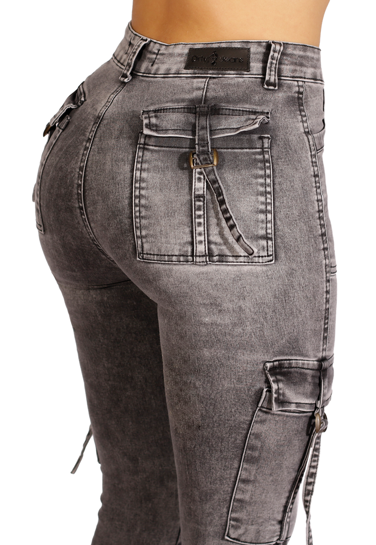 Jeans Pitillo Cargo Gris Mujer -3