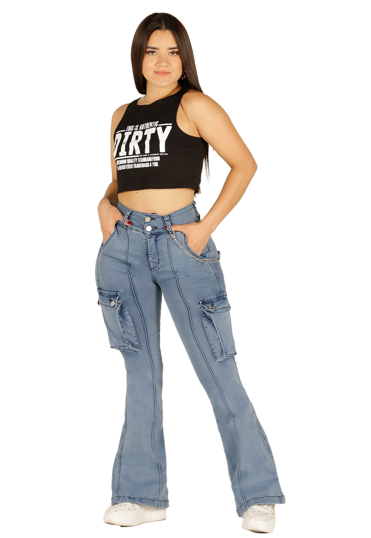 Jeans Cargo Celeste dos Botones Mujer-0