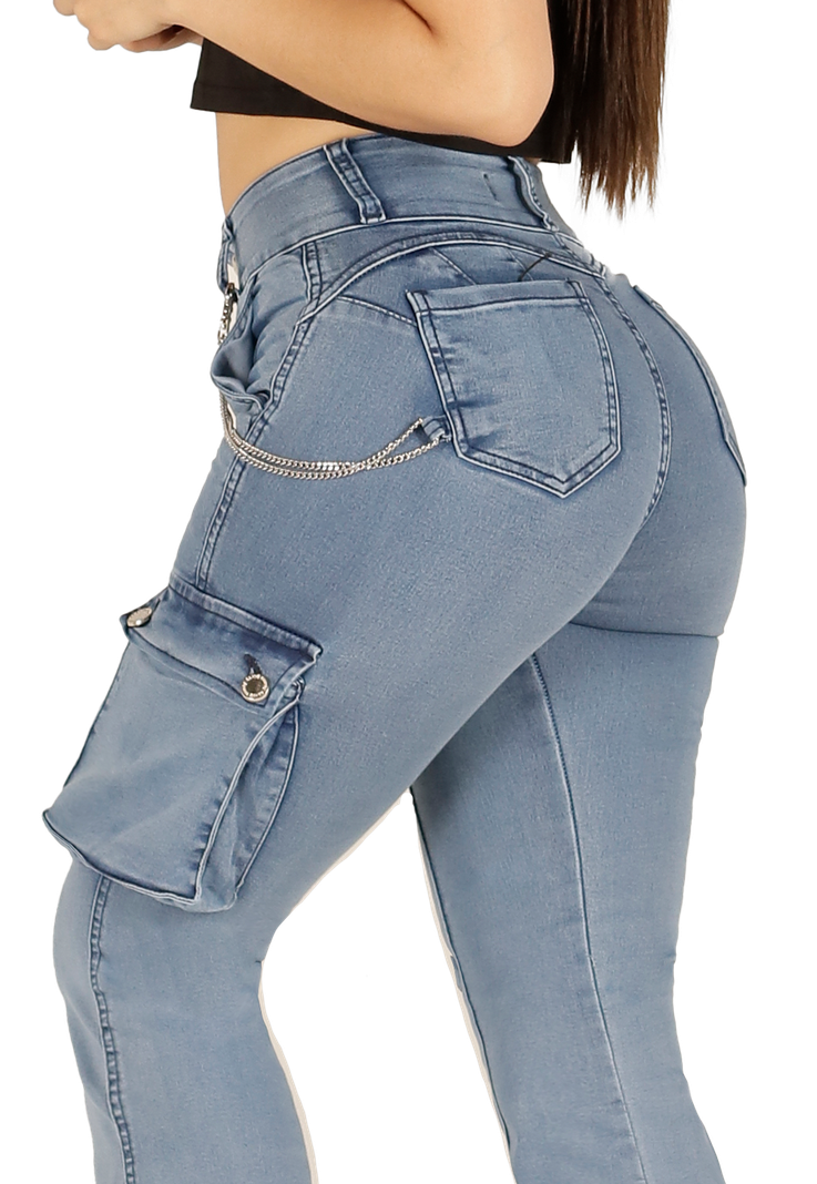 Jeans Cargo Celeste dos Botones Mujer-3